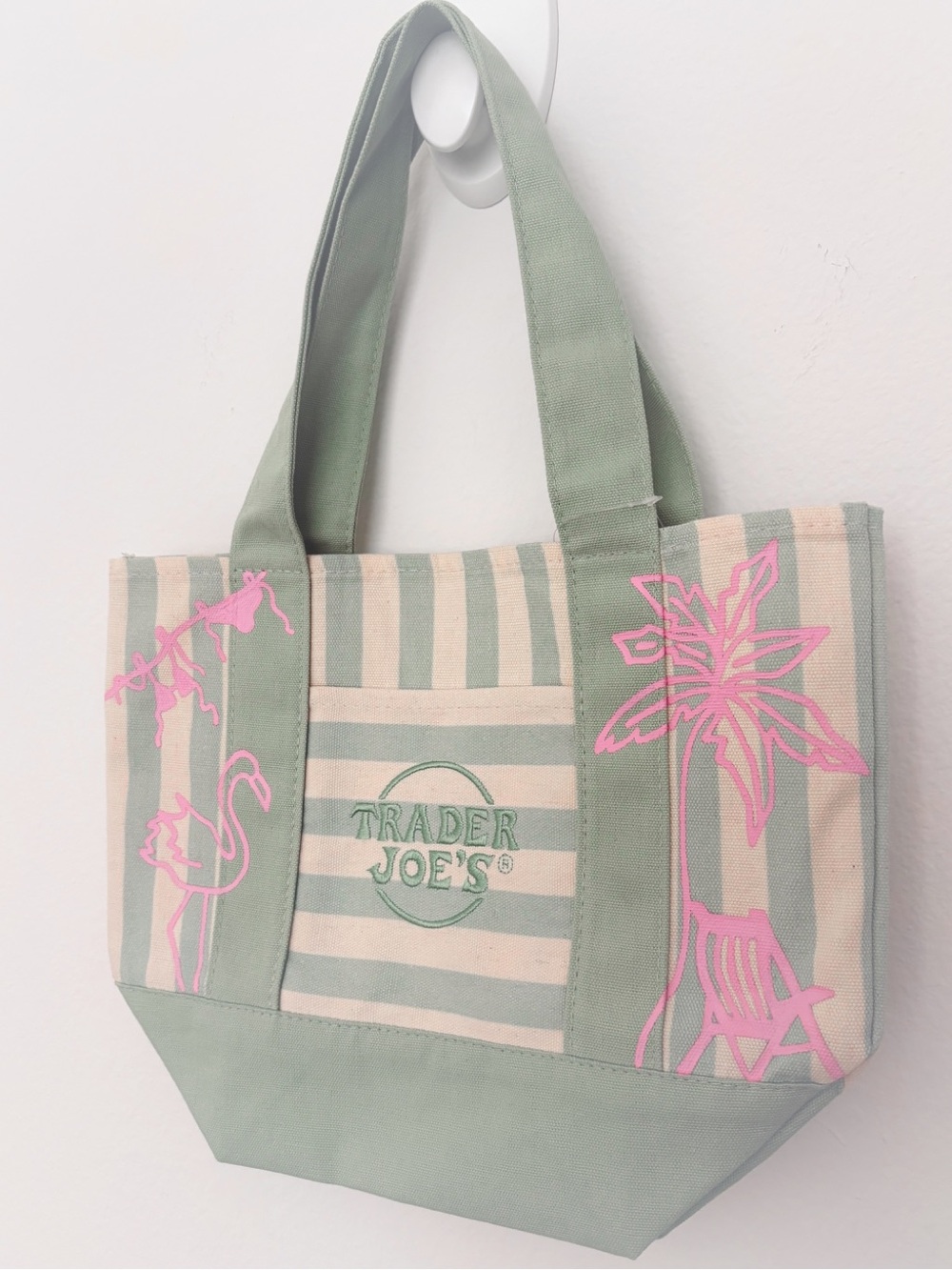 Trader Joe's Green Canvas Striped Mini Tote Bag - Hand Painted